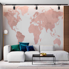 Custom Soft Pastel Pink World Map Wall Mural Wallpaper with Watercolor Effect