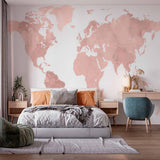 Soft Pastel Pink World Map Wall Mural Wallpaper with Watercolor Effect