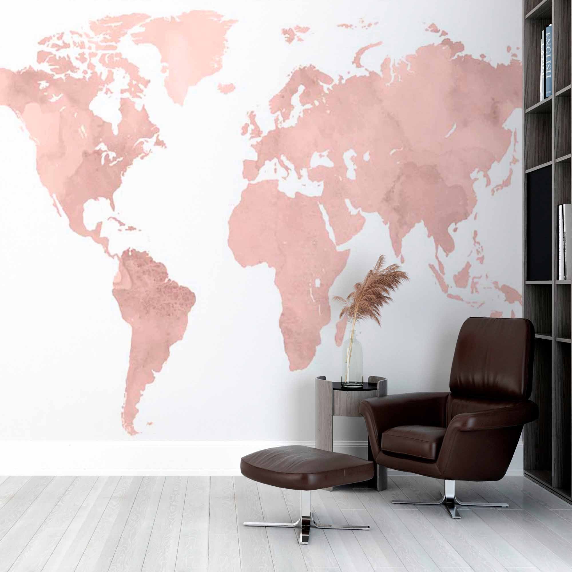 Soft Pastel Pink World Map Wall Mural Wallpaper with Watercolor Effect