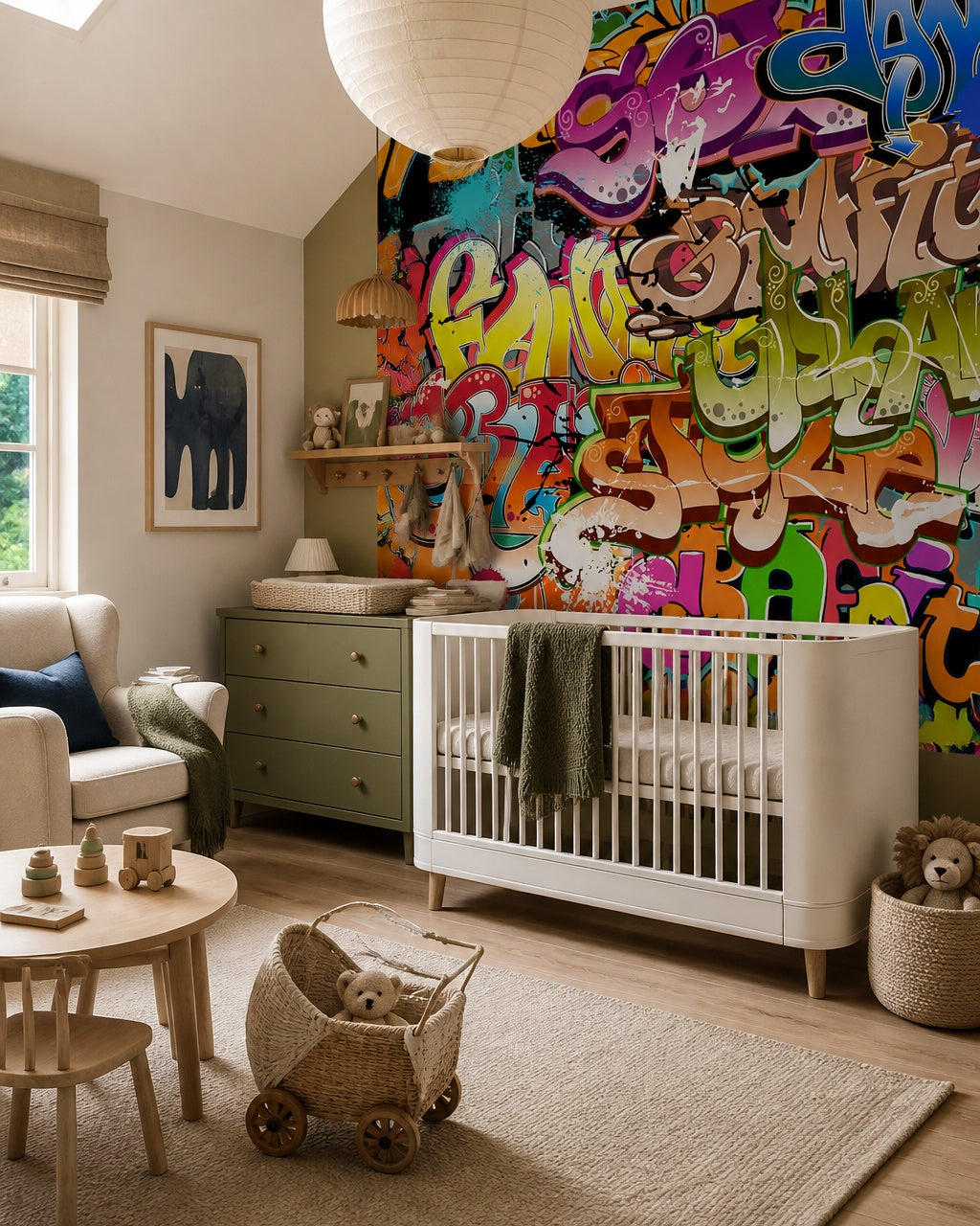 Graffiti wallpaper in a modern nursery with a crib.