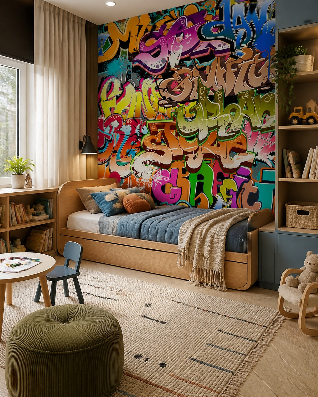 Graffiti wallpaper in a toddler bedroom with a child-sized bed.