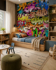 Graffiti wallpaper in a toddler bedroom with a child-sized bed.