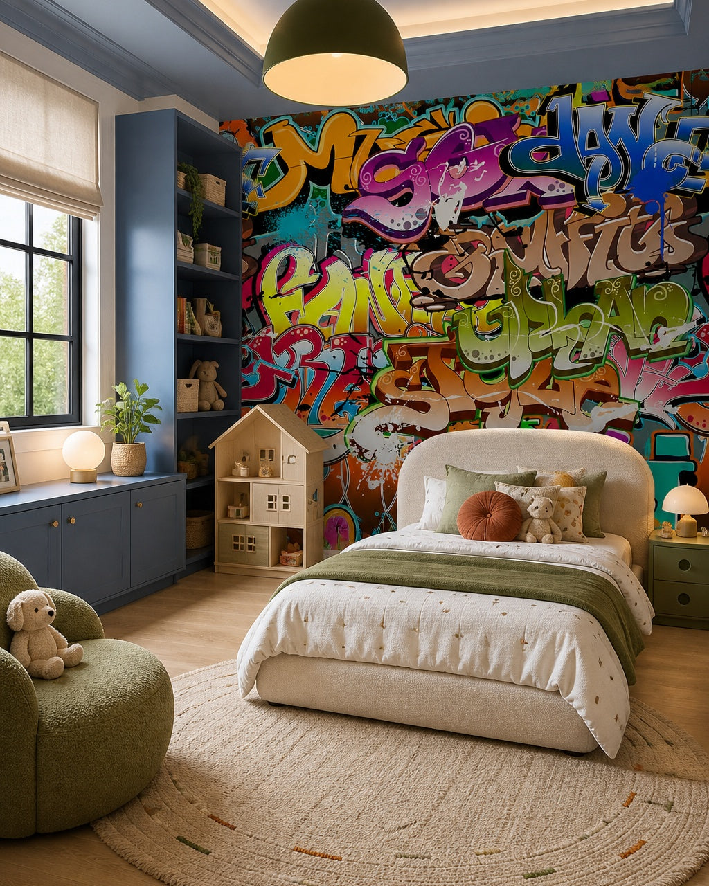 Graffiti wallpaper in a girl’s bedroom.