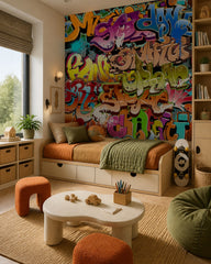 Graffiti wallpaper in a boy’s bedroom.