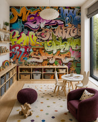 Graffiti wallpaper in a children’s playroom.