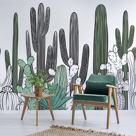 Minimalist Cactus Line Art Wall Mural - Black and Green Desert Plant Design Wallpaper