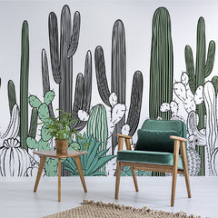 Custom Minimalist Cactus Line Art Wall Mural - Black and Green Desert Plant Design Wallpaper