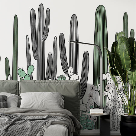 Minimalist Cactus Line Art Wall Mural - Black and Green Desert Plant Design Wallpaper