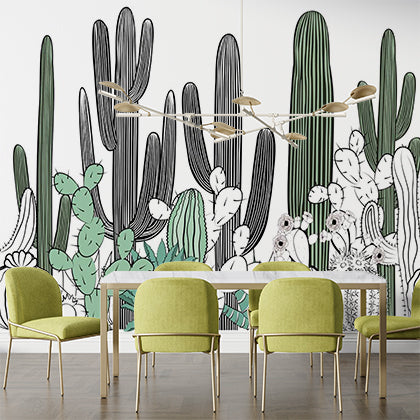 Minimalist Cactus Line Art Wall Mural - Black and Green Desert Plant Design Wallpaper