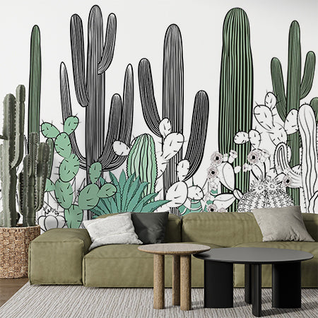 Minimalist Cactus Line Art Wall Mural - Black and Green Desert Plant Design Wallpaper