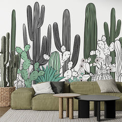 Custom Minimalist Cactus Line Art Wall Mural - Black and Green Desert Plant Design Wallpaper