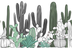 Custom Minimalist Cactus Line Art Wall Mural - Black and Green Desert Plant Design Wallpaper
