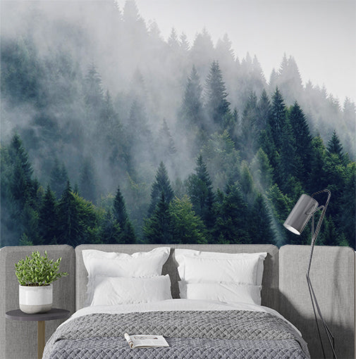 Misty Evergreen Forest Wall Mural Wallpaper - Serene Foggy Pine Trees Landscape