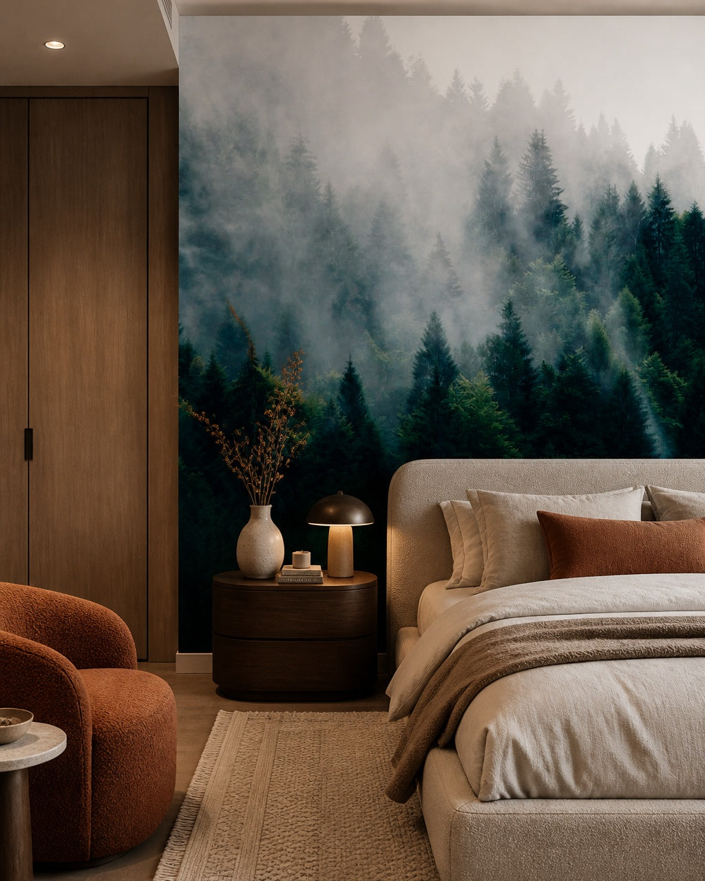 Foggy evergreen forest wallpaper in a designer bedroom.