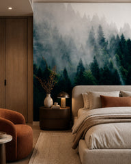 Foggy evergreen forest wallpaper in a designer bedroom.