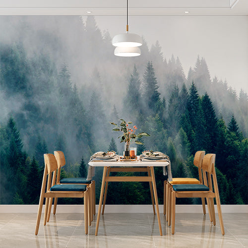 Custom Misty Evergreen Forest Wall Mural Wallpaper - Serene Foggy Pine Trees Landscape