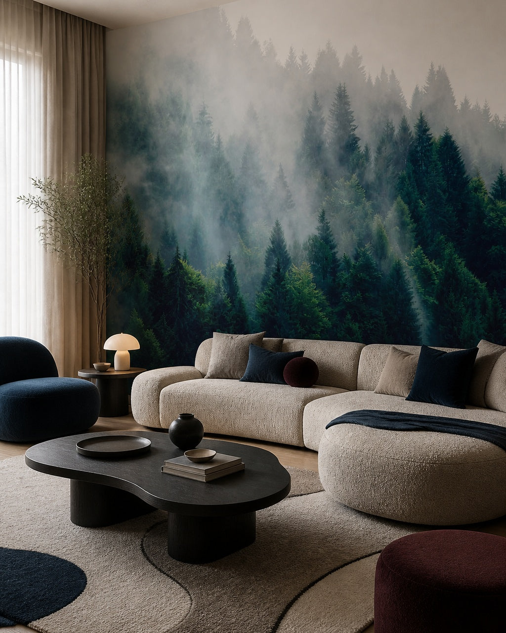 Foggy evergreen forest wallpaper in a designer living room.