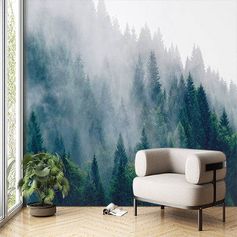 Misty Evergreen Forest Wall Mural Wallpaper - Serene Foggy Pine Trees Landscape