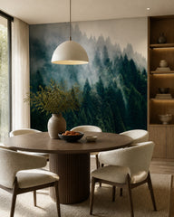 Foggy evergreen forest wallpaper in a refined dining area.