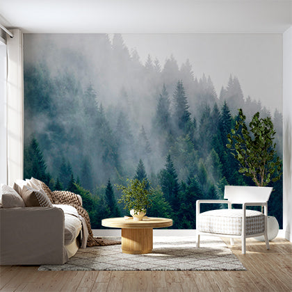 Misty Evergreen Forest Wall Mural Wallpaper - Serene Foggy Pine Trees Landscape