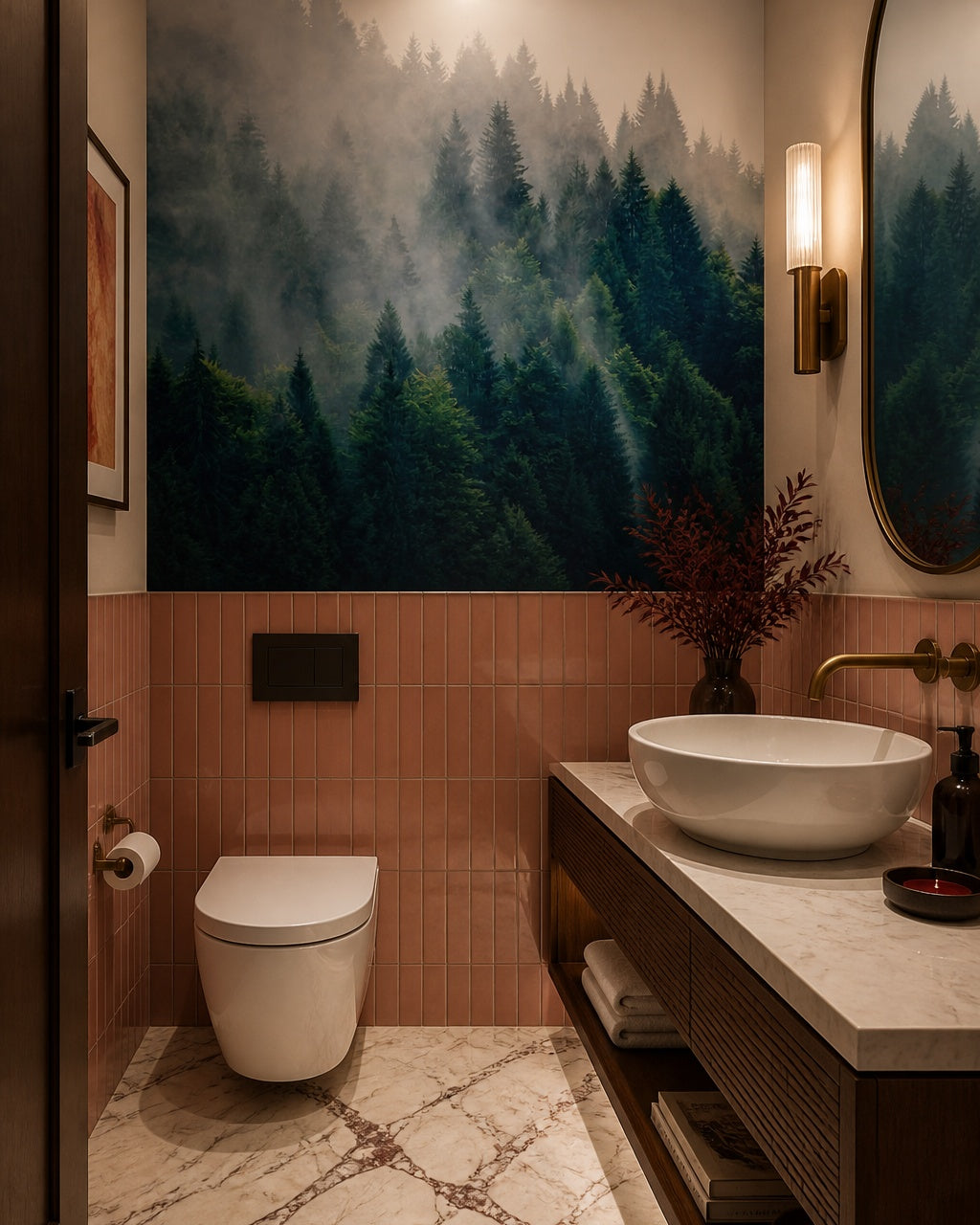 Foggy evergreen forest wallpaper in an elegant powder room.