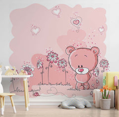CUSTOM SIZE Kids Wal Mural Pink Flowers Hearts Teddy Bear