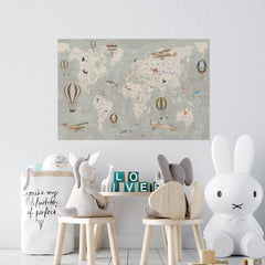 Custom World Map Wallpaper with Animals Kids Room Wall Mural