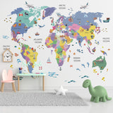 World Map Wallpaper with Famous Places for Kids Room Wall Mural