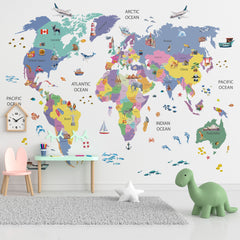 Custom World Map Wallpaper with Famous Places for Kids Room Wall Mural