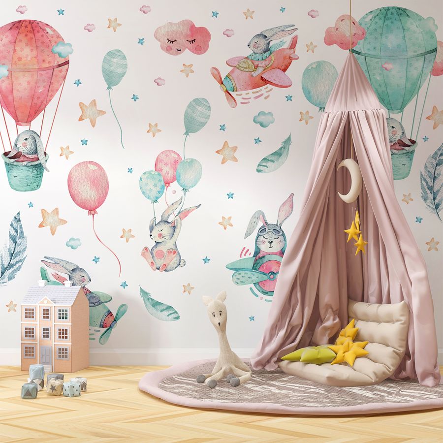 Bunny with Hot Air Balloon Wall Decals for Nursery Kids Room