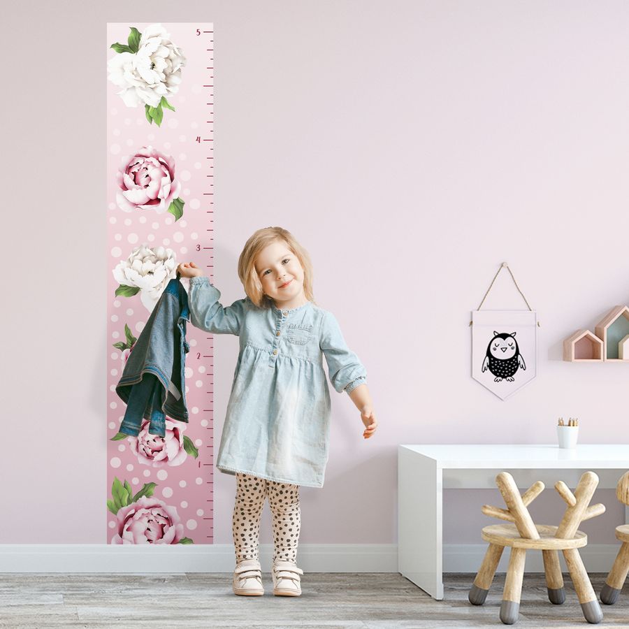 Kids' Growth Chart Peel and Stick Peony Flower Wall Decals For Girl Rooms