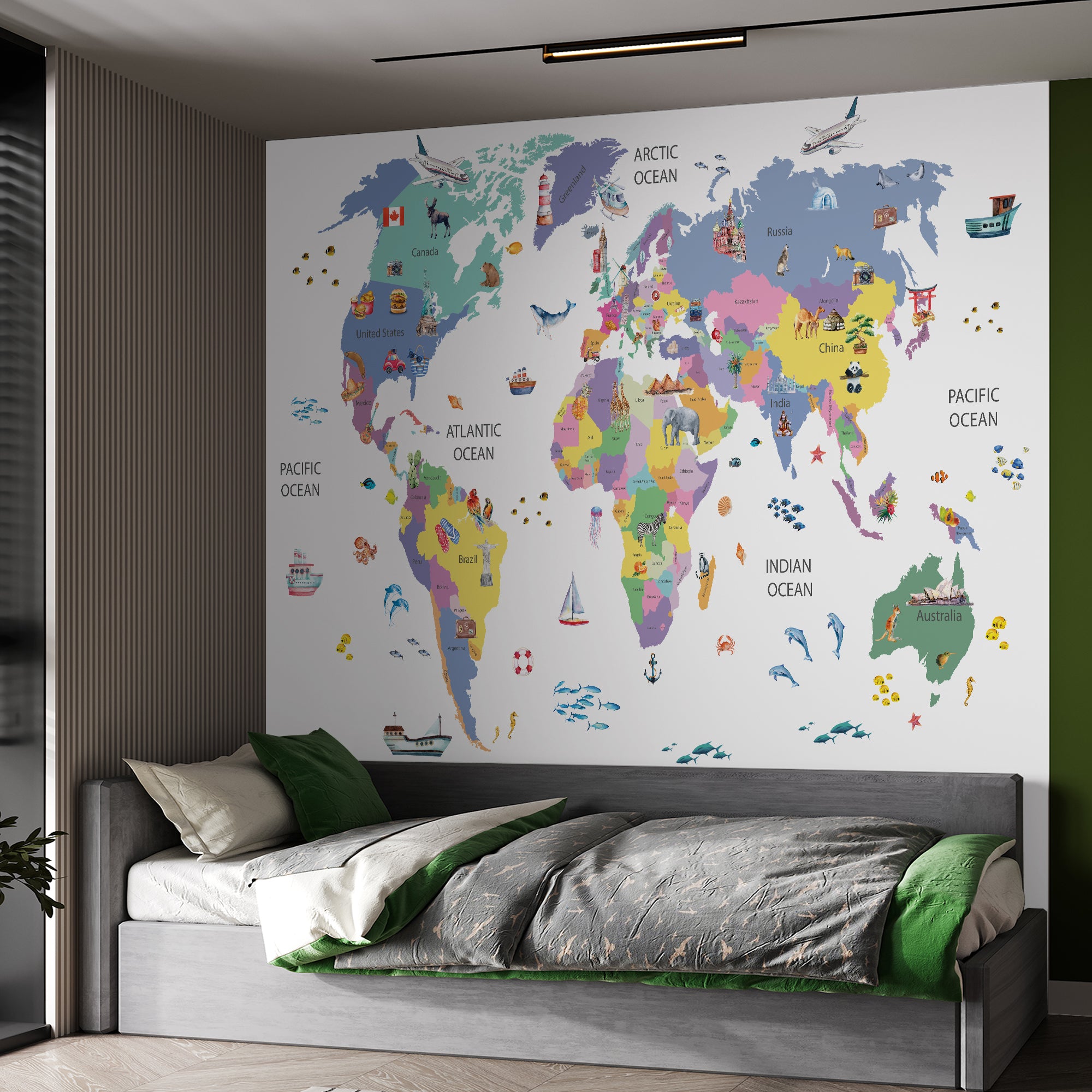 World Map Wallpaper with Famous Places for Kids Room Wall Mural