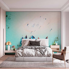 Custom Aerial View of Crystal Clear Waters and Boats Beach Wall Mural Wallpaper