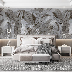 Custom Tropical Leaf Line Drawing Wall Mural Abstract Pattern Botanical Wallpaper