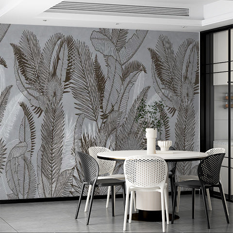 Custom Tropical Leaf Line Drawing Wall Mural Abstract Pattern Botanical Wallpaper