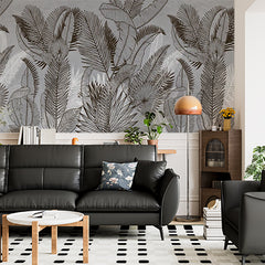 Custom Tropical Leaf Line Drawing Wall Mural Abstract Pattern Botanical Wallpaper