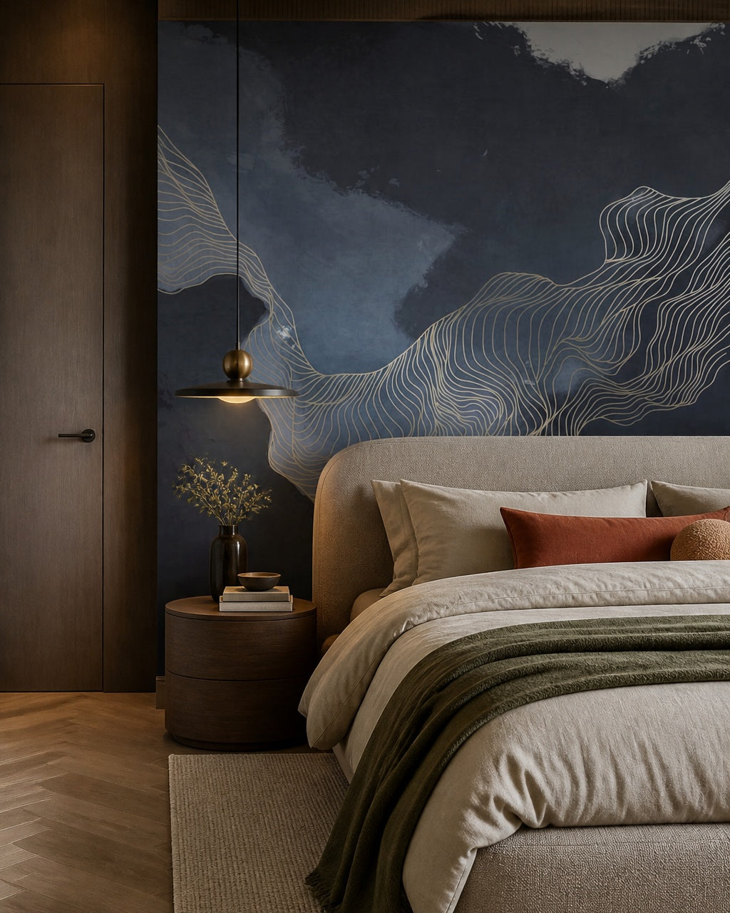 Navy abstract waves wallpaper in a designer bedroom.