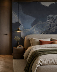 Navy abstract waves wallpaper in a designer bedroom.