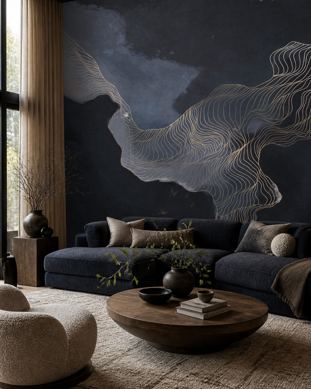 Navy abstract waves wallpaper in a designer living room.