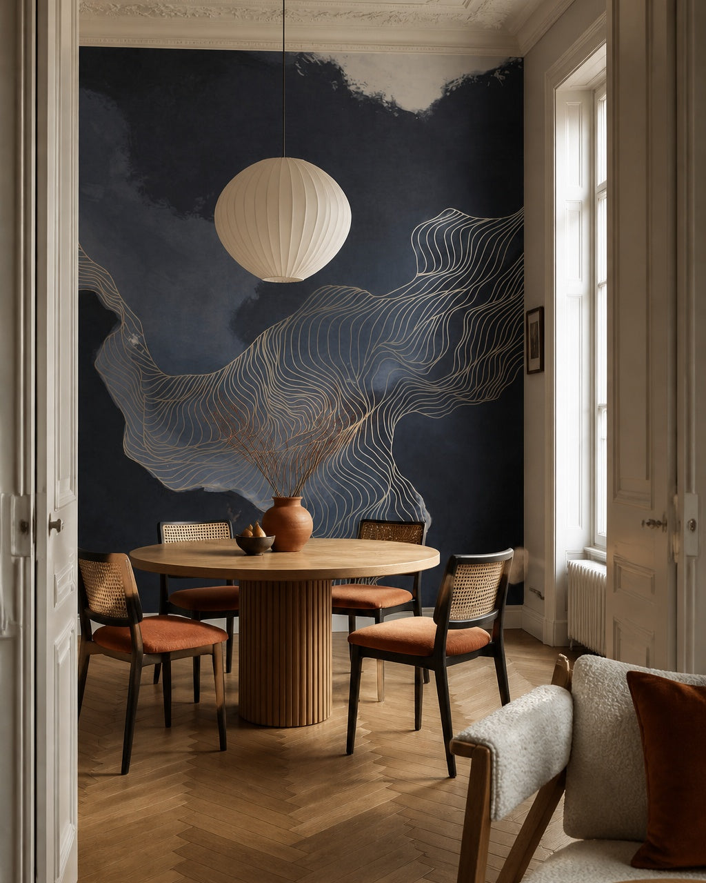 Navy abstract waves wallpaper in a refined dining area.