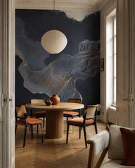Navy abstract waves wallpaper in a refined dining area.