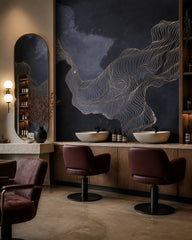 Navy abstract waves wallpaper in a beauty salon.