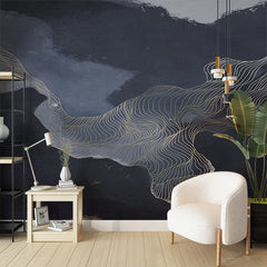 Custom Abstract Ocean Waves Wallpaper with Gold Line Art on Dark Background