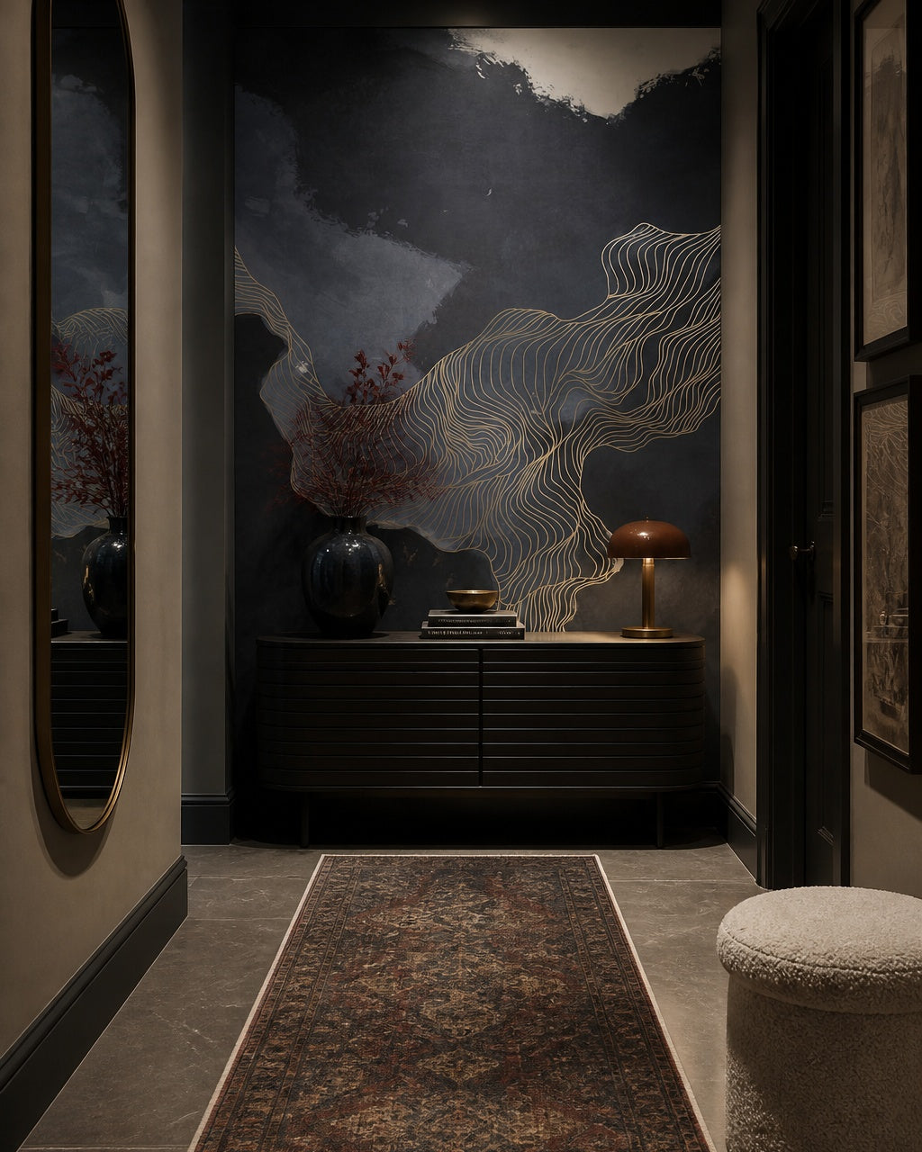 Navy abstract waves wallpaper in an architectural hallway.