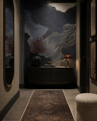 Navy abstract waves wallpaper in an architectural hallway.