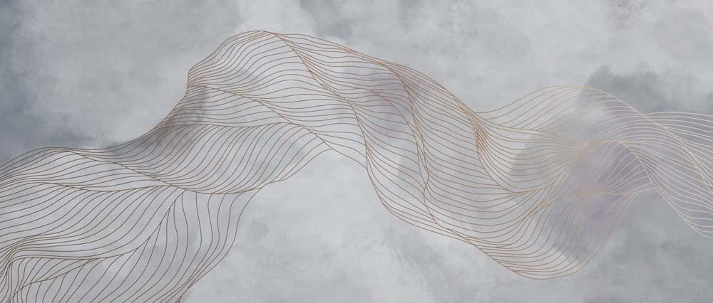 Papel pintado abstracto gris con bruma – Mural de ondas delicadas en line art dorado