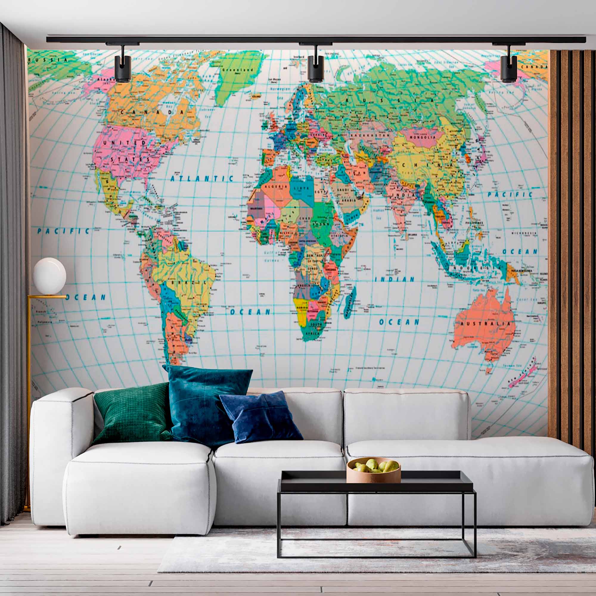 Vibrant Political World Map Wall Mural Wallpaper with Country Borders and Names