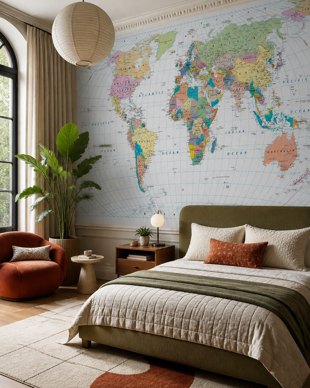 Political world map wallpaper in a designer bedroom.