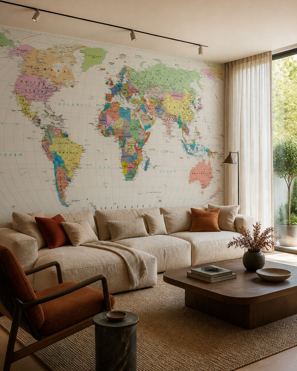 Political world map wallpaper in a designer living room.
