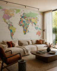 Political world map wallpaper in a designer living room.